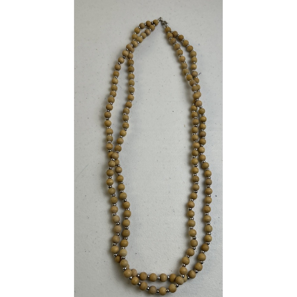 Silver Tone Natural Wooden Bead Double Layer‎ Necklace
